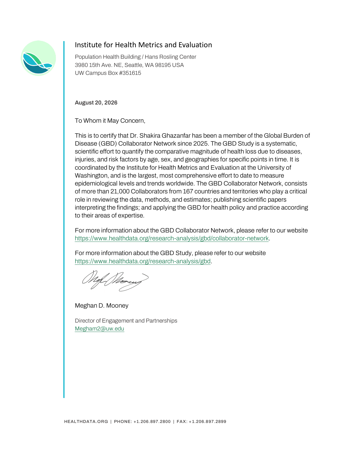 Institute for Health Metrics and Evaluation collaborator certificate for Dr. Shakira Ghazanfar